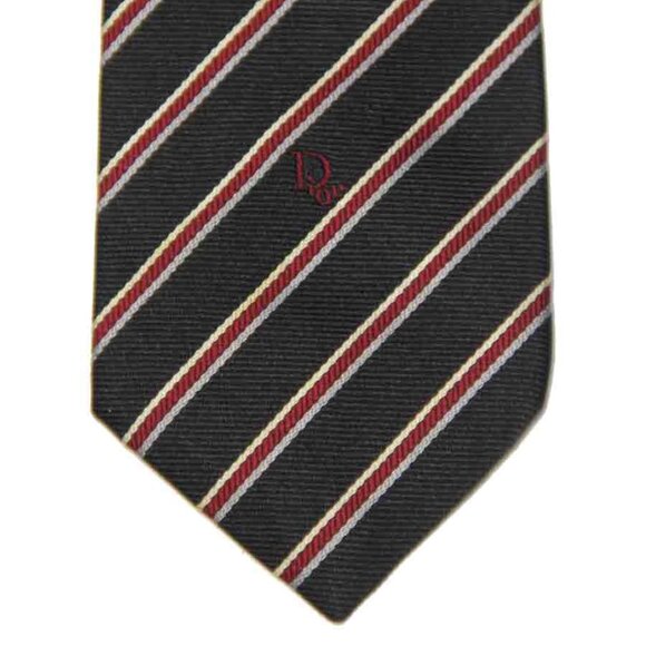 Vintage Christian Dior Repp Stripe Tie Silk Blend Black Red White Gray Men's - Picture 1 of 2